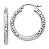 14k White Gold 1in Diamond-cut Round Hoop Earrings 3mm Thick