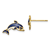 14k Yellow Gold Blue And White Enamel Dolphin Post Earrings