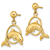 14k Yellow Gold Textured Dolphin Jumping Through Hoop Dangle Earrings