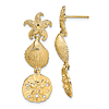 14k Yellow Gold Starfish Clam Shell Sand Dollar Dangle Earrings