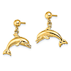 14k Yellow Gold Jumping Dolphin Dangle Ball Earrings