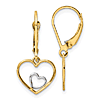 14k Yellow Gold Heart in Heart Leverback Dangle Earrings with Rhodium