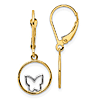 14k Yellow Gold Butterfly in Circle Leverback Earrings with Rhodium