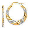14k Yellow Gold Rhodium Textured Stamped Round Hoop Earrings 1in