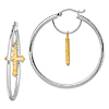 14k Two-tone Gold Diamond-cut Cross Dangle Hoop Earrings 1 1/2in