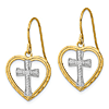 14k Yellow Gold with Rhodium Cross in Heart Earrings