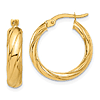14k Yellow Gold Polished and Striped Round Hoop Earrings 3/4in