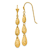 14k Yellow Gold Three Puff Teardrop Dangle Earrings With Diamond-cut Texture