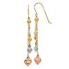 14k Tri-color Gold Puffed Heart Chain Dangle Earrings