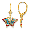 14k Yellow Gold Red and Blue Acrylic Butterfly Dangle Earrings