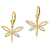 14k Yellow Gold Diamond-cut Dragonfly Leverback Earrings with Rhodium