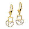 14k Yellow Gold Cat Heart Leverback Earrings with Rhodium Accents