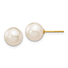 14k Yellow Gold 8mm White Freshwater Cultured Pearl Stud Earrings - AA Quality