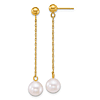 14k Yellow Gold 7mm White Round Akoya Saltwater Cultured Pearl Chain Dangle Earrings