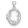14k White Gold Small Oval Leaf Floral Hand Engraved Locket