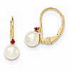 14k Gold 5mm Freshwater Cultured Pearl Leverback Earrings with Rubies