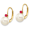 14k Yellow Gold 7.5mm Freshwater Cultured Pearl Ruby Leverback Earrings