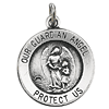 Antiqued Sterling Silver Round Guardian Angel Medal & Chain