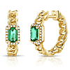 14k Yellow Gold Emerald Diamond Chain Link Huggie Hoop Earrings
