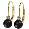 14kt Gold 6mm Black Akoya Cultured Pearl Diamond Lever Back Earrings