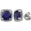Sterling Silver Halo Created Blue Sapphire and Diamond Earrings