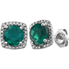 Sterling Silver Halo Created Emerald and Diamond Earrings