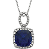 14k White Gold Cushion Created Blue Sapphire Necklace with Diamonds