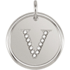 Sterling Silver Letter V Round Pendant with Diamonds