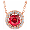 14k Rose Gold .65 ct Created Ruby and Natural Diamond Halo-Style Necklace