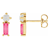 14k Yellow Gold White Opal and Baguette Pink Tourmaline Earrings
