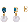 14k Yellow Gold 7mm Cultured White Akoya Pearl and London Blue Topaz Earrings 