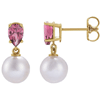 14k Yellow Gold 7mm Cultured White Akoya Pearl and Pink Tourmaline Earrings 