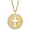 14k Yellow Gold .07 ct tw Diamond Pierced Cross Disc Necklace