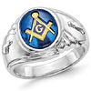 14k White Gold Masonic Ring with Blue Oval Stone and Ridges