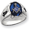 Masonic Ring with Oval Blue Stone and Black Emblems 14k White Gold