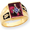 14k Yellow Gold Rectangular Masonic Ring with Synthetic Ruby Red Stone
